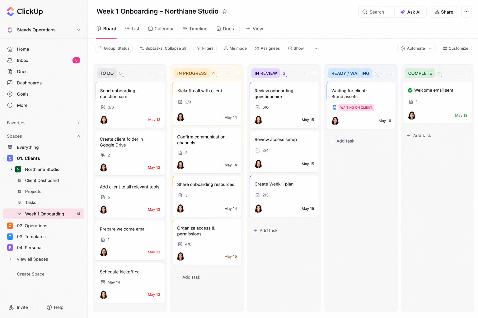 Week 1 ClickUp board screenshot